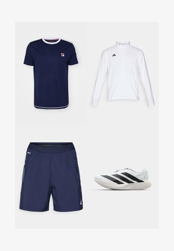 Fehér sportdzseki hosszú ujjal, magas gallérral és teljes hosszúságú cipzárral. A bal felső oldalon fekete háromcsíkos logó található.; Sötétkék rövidujjú póló fehér kerek nyakkal, piros és fehér csíkos díszítéssel a vállakon és egy logó felvarróval.; Tengerészkék sportnadrág, rugalmas derekkal, oldalsó zsebekkel és világosszürke részletekkel. Könnyű, sima anyagból készült a kényelem érdekében.; Világoskék, fekete csíkos könnyű futószerek. Simább felső résszel, kerek orral és vastag fehér középtalppal, amelyen a "LIGHTSTRIKE PRO" felirat olvasható.