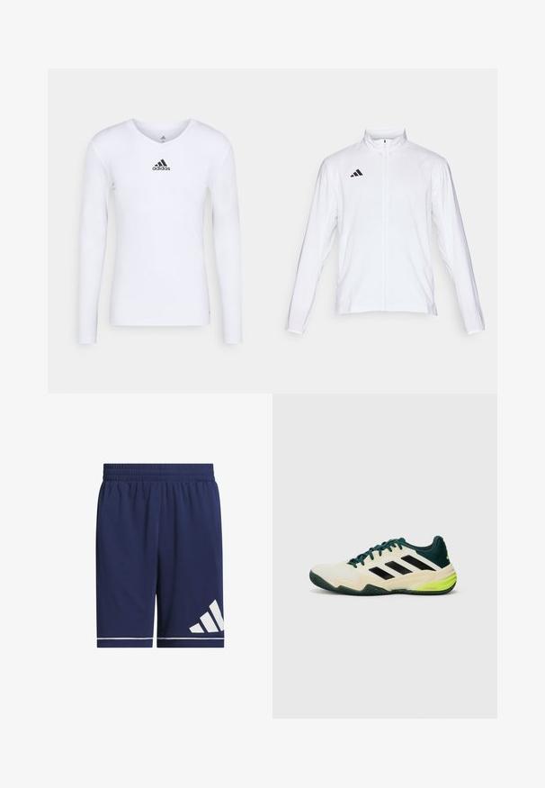 Chaqueta atlética blanca con mangas largas, cuello alto y cremallera completa. Presenta el logotipo de tres franjas en negro en la parte superior izquierda.; Camiseta deportiva de manga larga blanca, fabricada con material suave, que presenta un logo negro de Adidas en el pecho; diseño de cuello en V y forma ajustada.; Pantalones cortos atléticos azul marino hechos de tela ligera, con una cintura elástica, franjas de acento blancas y un logotipo blanco en contraste en el lado izquierdo.; Zapatillas de tenis con parte superior crema, rayas negras, detalles verdes y una suela de goma texturizada para un mejor agarre. Construidas con materiales sintéticos.