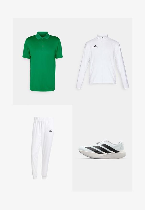 Casaco atlético branco com mangas longas, gola alta e fecho de correr completo. Apresenta o logo preto de três riscas no lado superior esquerdo.; Polo verde feito de tecido suave, com colarinho, com botões na parte da frente e mangas curtas. Design simples sem padrões.; Calças esportivas brancas feitas de tecido suave, com uma cintura elástica e punhos ajustados, apresentando um logo preto no bolso de trás.; Tênis de corrida leves em azul pálido com riscas pretas. Apresentam um cabedal liso, bico redondo e uma entressola espessa branca rotulada como "LIGHTSTRIKE PRO."