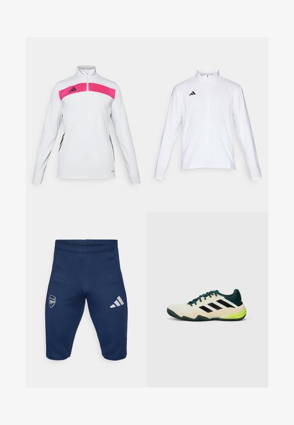Biela atletická bunda s dlhými rukávmi, vysokým golierom a plným zipsom. Na hornej ľavej strane sa nachádza čierne logo s troma pruhmi.; Biele športové tričko s dlhými rukávmi a ružovým panelom cez hruď, so štvrťovým zipsom a čiernymi akcentovými pruhmi po stranách.; Námornícke atletické šortky vyrobené z elastického materiálu, s logom Arsenalu na ľavom stehne a so štyrmi bielymi pruhmi Adidas na pravom stehne.; Tenisové topánky s krémovým zvrškom, čiernymi pruhmi, zelenými akcentmi a textúrovanou gumovou podrážkou pre lepšiu priľnavosť. Vyrobené z syntetických materiálov.