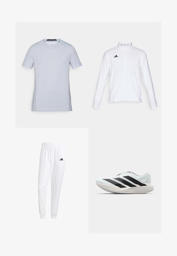 White athletic jacket with long sleeves, high collar, and full-length zipper. Features black three-stripe logo on the upper left side.; Light gray athletic t-shirt with short sleeves, crew neck, and subtle logo on the front. Soft fabric, smooth texture, and side accents.; White athletic pants made of smooth fabric, featuring an elastic waistband and fitted cuffs, with a black logo on the back pocket.; Lightweight running shoes in pale blue with black stripes. Features a smooth upper, round toe, and thick white midsole labeled "LIGHTSTRIKE PRO."