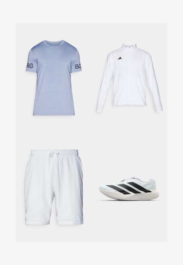 Valge sportlik jakk pikkade varrukatega, kõrge krae ja täispikk lukuga. Omab musta kolme triibu logo vasakul ülal.; Hele sinine T-särk, mis on valmistatud siledast kangast. Ümmargune kaelus ja lühikesed varrukad. Vasakul varrukal on tumblue "BORG" logo.; Valged sportlikud lühikesed püksid elastse vöökohaga ja reguleeritava paelaga. Sile kangas, millel on peen struktuur, ja küljetaskud.; Kerged jooksujalatsid helesinises värvuses mustade triipudega. Omavad siledat pealispinda, ümarat varvase osa ja paksu valget vahemõõtu, millel on silt "LIGHTSTRIKE PRO".