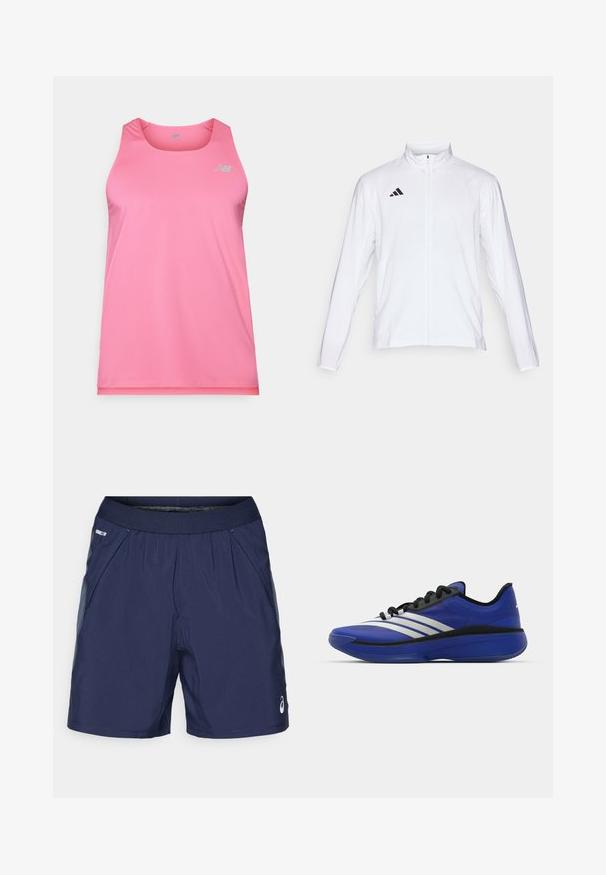 Jachetă sport albă cu mâneci lungi, guler înalt și fermoar pe toată lungimea. Prezintă un logo cu trei dungi negre în partea superioară stângă.; Top sportiv roz dintr-un material ușor. Are un decolteu rotund și logo-ul New Balance în gri în partea stângă sus.; Pantaloni scurți atletici de culoare bleumarin, cu talie elastică, buzunare laterale și accente de un gri deschis. Fabricati dintr-un material ușor și neted pentru confort.; adidas Performance ADIZERO SELECT 3.0 - Ghete baschet - lucid blue/core black/metallic