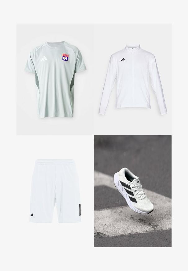Valge sportlik jakk pikkade varrukatega, kõrge krae ja täispikk lukuga. Omab musta kolme triibu logo vasakul ülal.; Hallhõbe lühikeste varrukatega jalgpallisärk, millel on ümmargune kaelus, Adidas'i logo ja Olympique Lyonnais'i embleem esiküljel, ning struktureeritud külgedel.; Valged sportlikud lühikesed püksid elastse vöökohaga, mille külgedel on kolm musta triipu ja alumisel vasakul jalal must logo.; Valge spordijalats tekstuurse võrgu pealmise osaga, mustade triipudega, nööriga kinnitamine ja pehmendatud tallaga, levib märgitud teepinna kohal.