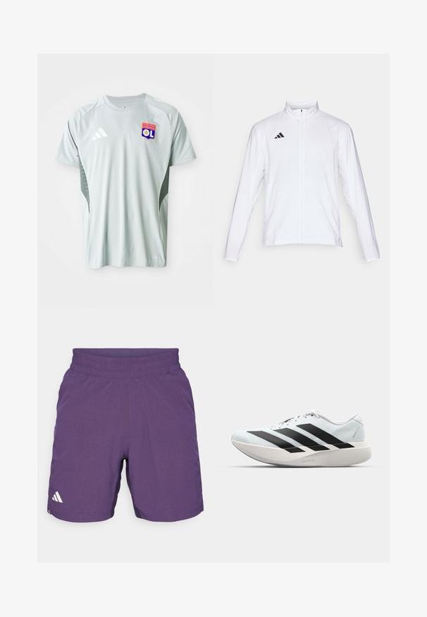 Bela atletska jakna z dolgimi rokavi, visokim ovratnikom in popolnim zadrgo. Ima črn logotip s tremi črtami na zgornji levi strani.; Svetlo siva kratkoročna nogometna majica s krojačkim ovratnikom, Adidas logotipom in značko Olympique Lyonnais na sprednji strani, z teksturiranimi stranmi.; Vijolične športne hlače iz lahkega blaga, z elastičnim pasom in belim logotipom na spodnjem levem delu noge.; Lahki tekaški čevlji v svetlo modri barvi z belimi črtami. Imajo gladek zgornji del, okroglo kapico in debel bel srednji podplat z označbo "LIGHTSTRIKE PRO."