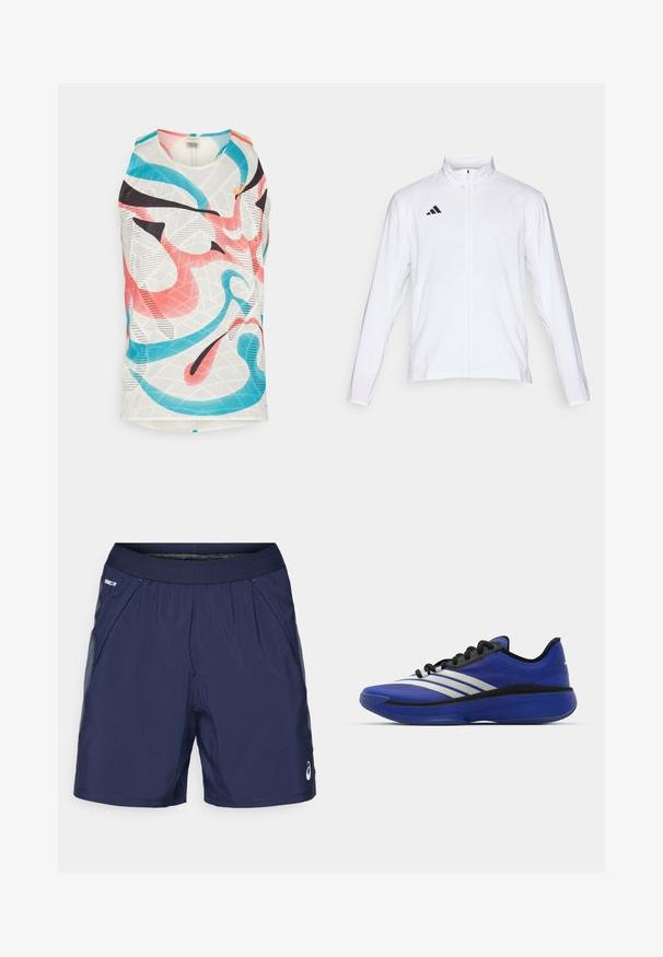 Chaqueta atlética blanca con mangas largas, cuello alto y cremallera completa. Presenta el logotipo de tres franjas en negro en la parte superior izquierda.; Top atlético sin mangas hecho de tejido de malla. Presenta un patrón abstracto multicolor en rosa, azul y negro. Diseño de cuello redondo.; Pantalones cortos deportivos de color azul marino con cintura elástica, bolsillos laterales y acentos en gris claro. Fabricados con tejido ligero y suave para mayor comodidad.; adidas Performance ADIZERO SELECT 3.0 - Zapatillas de baloncesto - lucid blue/core black/metallic