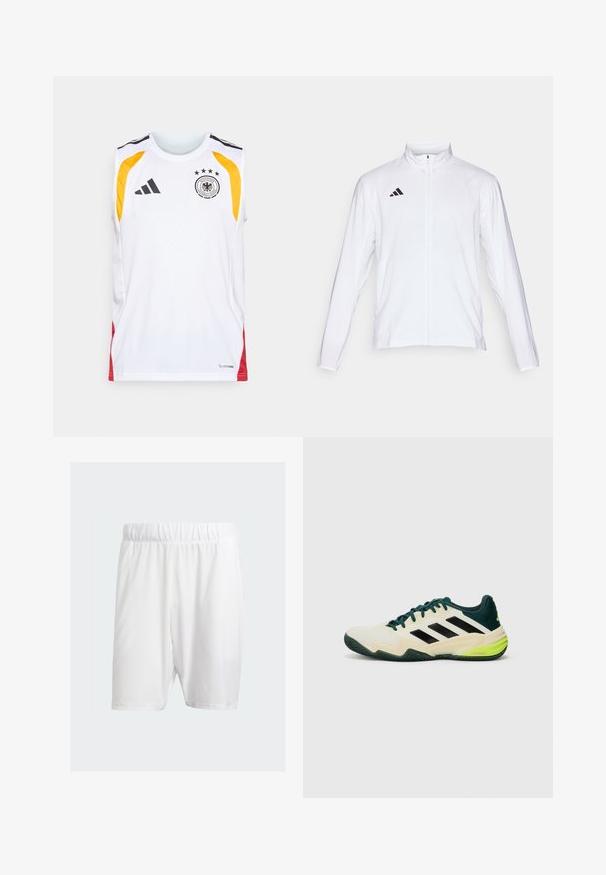 Jachetă sport albă cu mâneci lungi, guler înalt și fermoar pe toată lungimea. Prezintă un logo cu trei dungi negre în partea superioară stângă.; Tricou alb fără mâneci cu accente negre, panouri laterale galbene și roșii, având un logo și patru stele deasupra acestuia, precum și eticheta "Climacool".; Șorturi albe de sport confecționate dintr-un material ușor, cu un bandă elastică la talie, textură netedă și croială până la genunchi.; Pantofi de tenis cu un superior crem, dungi negre, accente verzi și o talpă din cauciuc texturat pentru aderență. Construiți din materiale sintetice.