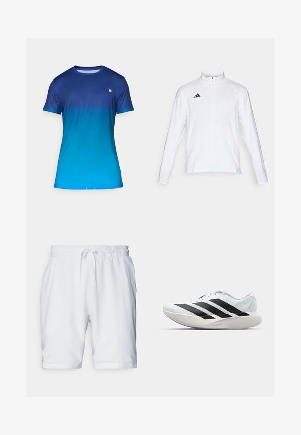Bílá sportovní bunda s dlouhými rukávy, vysokým límcem a zipem po celé délce. Na horní levé straně je umístěno logo se třemi černými pruhy.; Modrá gradientová polokošile s krátkým rukávem, vyznačující se hladkou texturou, kulatým výstřihem a malým logem na hrudi.; Bílé sportovní šortky s elastickým pasem a nastavitelnou tkaničkou. Hladká tkanina s jemnou strukturou, obsahující boční kapsy.; Lehké běžecké boty v světle modré barvě s černými pruhy. Mají hladký svršek, kulatou špičku a silnou bílou mezipodešev označenou "LIGHTSTRIKE PRO."