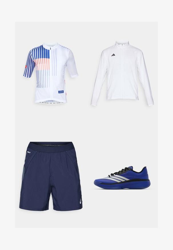 Balta sportinė striukė ilgomis rankovėmis, aukštu kaklu ir pilnu užtrauktuku. Viršutiniame kairiajame kampe yra juodas trijų juostelių logotipas.; Balta dviratininko maikutė su mėlynomis ir oranžinėmis vertikaliomis juostelėmis, trumpomis rankovėmis, tinklelio audiniu šoninėse plokštėse ir priekiniais užtrauktukais. Yra "LE COL" etiketas.; Tamsiai mėlyni sportiniai šortai su elastingu juosmeniu, šoniniais kišenėmis ir šviesiai pilkais akcentais. Pagaminti iš lengvos, glotnios medžiagos, užtikrinančios komfortą.; adidas Performance ADIZERO SELECT 3.0 - Krepšinio batai - lucid blue/core black/metallic