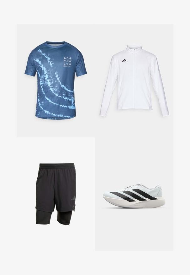 Chaqueta atlética blanca con mangas largas, cuello alto y cremallera completa. Presenta el logotipo de tres franjas en negro en la parte superior izquierda.; Camiseta de manga corta con estampado de tejido teñido en azul, hecha de una tela ligera. Presenta un patrón espiral y el texto “RUN” en blanco en la parte delantera.; Bermudas deportivas negras con capa interior integrada, hechas de un tejido transpirable. Presentan un logo sutil y una textura estructurada. Cintura ajustable.; Zapatillas de running ligeras en azul pálido con rayas negras. Presentan una parte superior suave, puntera redonda y una gruesa mediasuela blanca etiquetada como "LIGHTSTRIKE PRO".