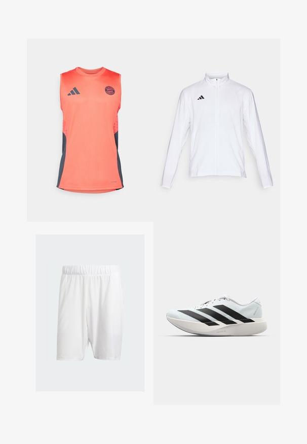 Weiße Sportjacke mit langen Ärmeln, hohem Kragen und durchgehendem Reißverschluss. Mit schwarzem Drei-Streifen-Logo auf der oberen linken Seite.; Korallenfarbenes ärmelloses Sportshirt mit dunkelgrauen Seiteneinsätzen. Enthält das Adidas-Logo und das Emblem des FC Bayern München. Hergestellt aus leichtem Material.; Weiße Sportshorts aus leichtem Material, mit elastischem Bund, glatter Textur und knielangem Schnitt.; Leichte Laufschuhe in hellblau mit schwarzen Streifen. Sie verfügen über ein glattes Obermaterial, eine runde Zehenpartie und eine dicke weiße Zwischensohle, die mit "LIGHTSTRIKE PRO" beschriftet ist.