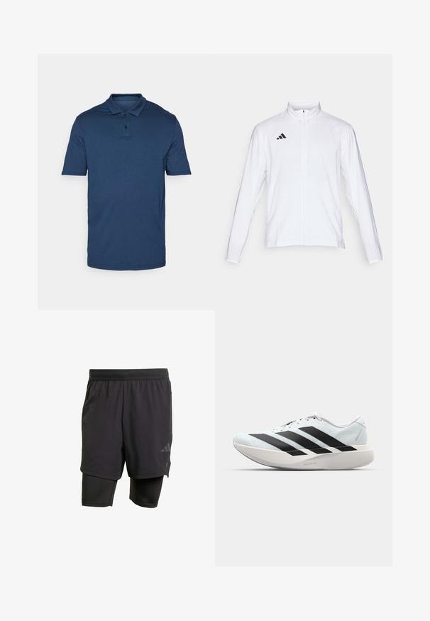 Valkoinen urheilutakki pitkillä hihoilla, korkea kaulus ja vetoketju koko pituudeltaan. Oikeassa yläreunassa musta kolmiraidallinen logo.; T-paita lyhythihainen tummansinisestä pehmeästä kankaasta; siinä on klassinen kaulus, kolme nappia ja hienovarainen ompeludetaili.; Musta urheilushortsit integroitu sisäkerros, valmistettu hengittävästä kankaasta. Ominaisuuksiin kuuluu huomaamaton logo ja rakenteellinen tekstuuri. Säädettävä vyötärö.; Kevyt juoksukengät vaaleansinisinä mustilla raidoilla. Ominaisuuksiin kuuluu sileä pinta, pyöreä kärki ja paksu valkoinen välipohja, joka on merkitty "LIGHTSTRIKE PRO".