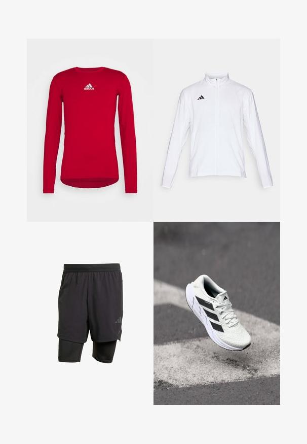 Witte sportjack met lange mouwen, hoge kraag en volledige ritssluiting. Kenmerkt zich door het zwarte drie-streepjeslogo aan de bovenkant aan de linkerkant.; Rode lange mouwen sportshirt gemaakt van rekbare stof, met een ronde hals en een wit Adidas-logo op de bovenste voorkant. Glad textuur.; Zwarte sportshorts met geïntegreerde binnenlaag, gemaakt van ademend materiaal. Bevat een subtiele logo en gestructureerde textuur. Verstelbare tailleband.; Witte sportschoen met een textuur van mesh, zwarte strepen, vetersluiting en een gevoerde zool, zwevend boven een gemarkeerd wegoppervlak.