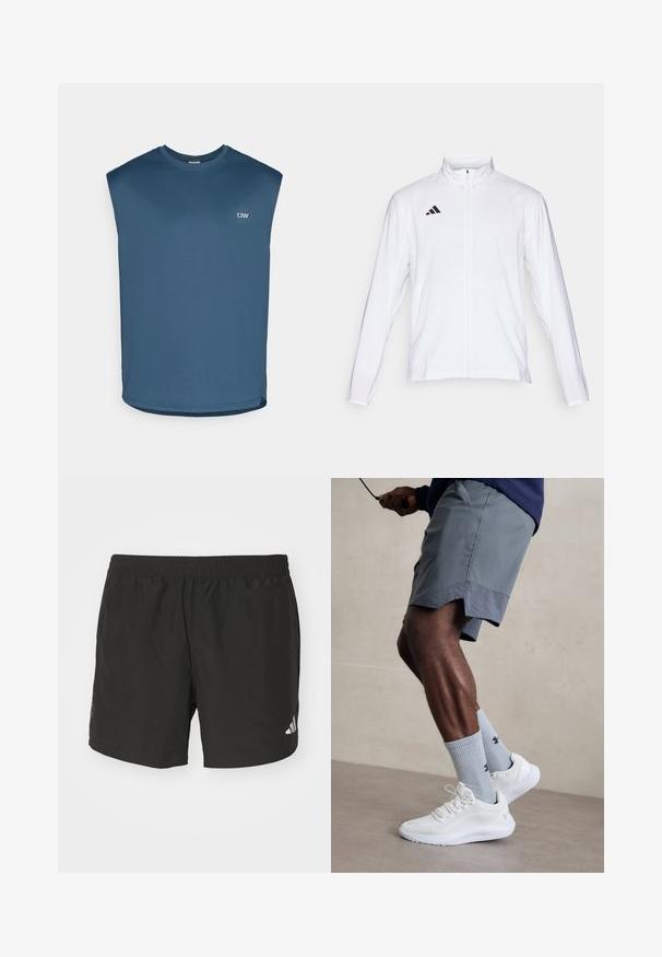 Chaqueta atlética blanca con mangas largas, cuello alto y cremallera completa. Presenta el logotipo de tres franjas en negro en la parte superior izquierda.; Camiseta deportiva sin mangas en azul oscuro, confeccionada en tejido texturizado. Presenta un cuello redondo y un pequeño logotipo en la parte frontal.; Pantalones cortos deportivos negros con cintura elástica, aberturas laterales y acentos de logo reflectantes. Hechos de una tela liviana y suave.; Zapatillas deportivas blancas con parte superior de malla texturizada, combinadas con calcetas de canalé azul claro que cuentan con un logo. Pantalones cortos deportivos grises con borde perforado.
