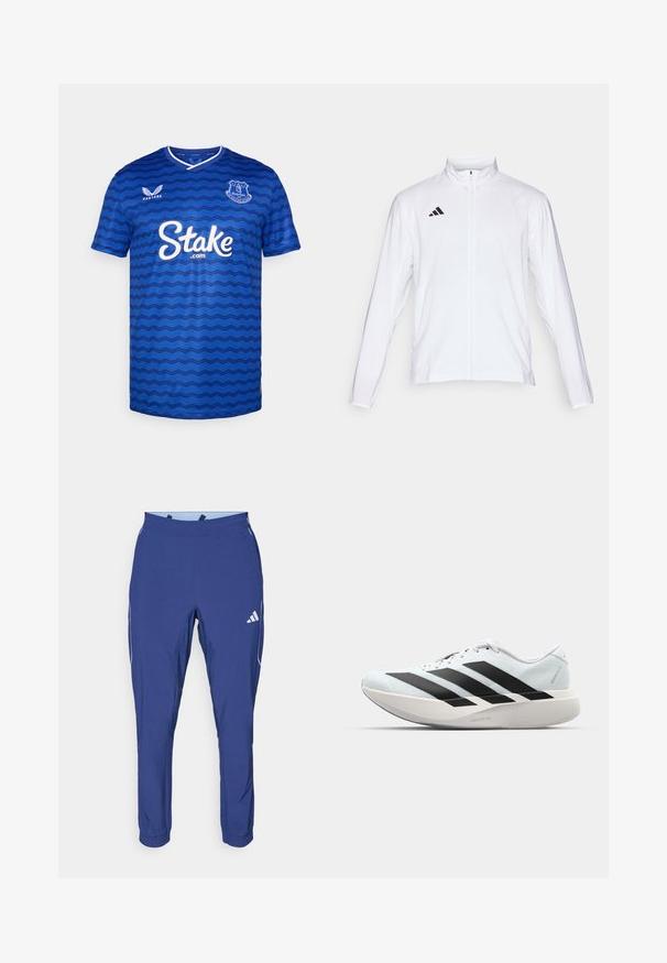 Bílá sportovní bunda s dlouhými rukávy, vysokým límcem a zipem po celé délce. Na horní levé straně je umístěno logo se třemi černými pruhy.; Modrý fotbalový dres se zigzagovým vzorem, krátkými rukávy a výstřihem do V, s logem 'Stake.com' a znakem klubu Everton. Vyrobeno z prodyšného materiálu.; adidas Performance TECH APP - Teplákové kalhoty - dark blue/glow blue; Lehké běžecké boty v světle modré barvě s černými pruhy. Mají hladký svršek, kulatou špičku a silnou bílou mezipodešev označenou "LIGHTSTRIKE PRO."