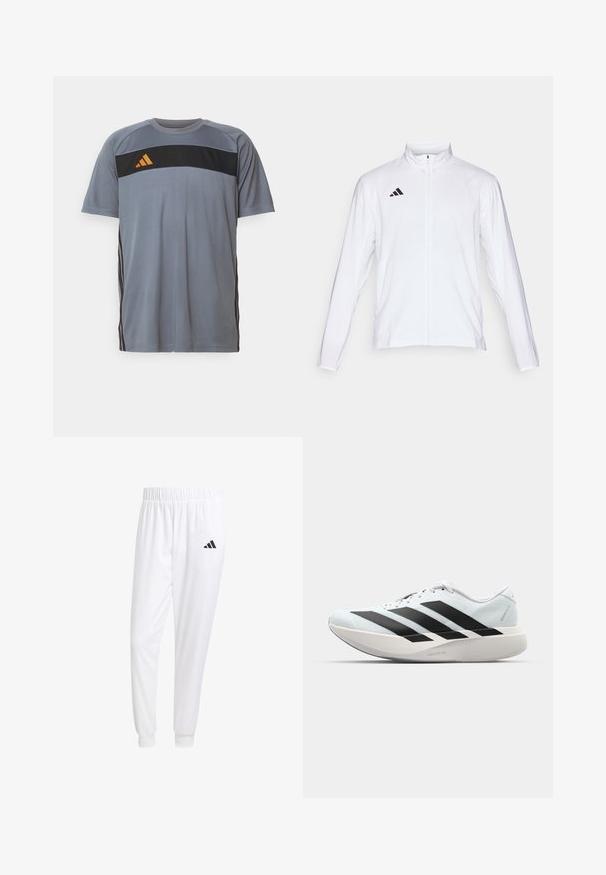 Witte sportjack met lange mouwen, hoge kraag en volledige ritssluiting. Kenmerkt zich door het zwarte drie-streepjeslogo aan de bovenkant aan de linkerkant.; Grijze sport T-shirt met korte mouwen, met een zwarte horizontale paneel en een oranje logo. Zwarte strepen lopen langs de zijkanten.; Witte sportbroek van gladde stof, met een elastische tailleband en smalle taillebanden, voorzien van een zwart logo op de achterzak.; Lichte hardloopschoenen in lichtblauw met zwarte strepen. Beschikt over een soepele bovenkant, ronde neusstuk en dikke witte tussenzool met het label "LIGHTSTRIKE PRO."
