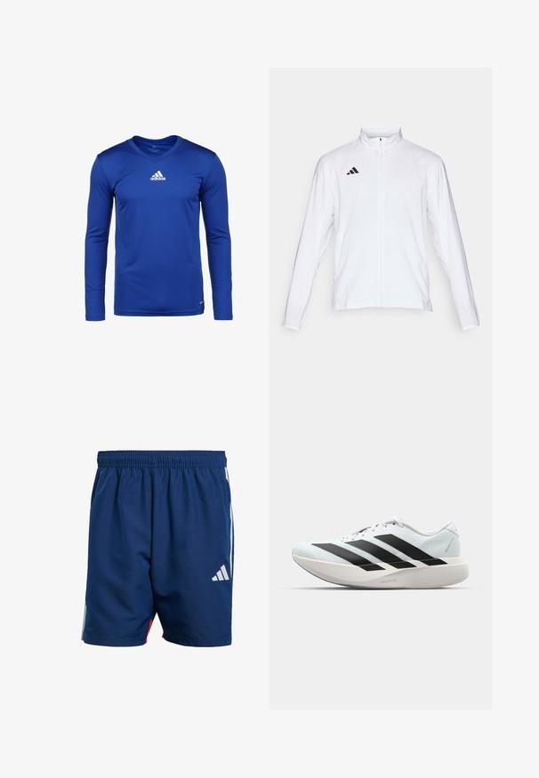 White athletic jacket with long sleeves, high collar, and full-length zipper. Features black three-stripe logo on the upper left side.; Long-sleeve blue athletic shirt made from moisture-wicking fabric, featuring a v-neck and a white Adidas logo on the chest.; Navy blue athletic shorts with an elastic waistband, side white stripes, and a small white logo on the lower left leg. Lightweight material.; Lightweight running shoes in pale blue with black stripes. Features a smooth upper, round toe, and thick white midsole labeled "LIGHTSTRIKE PRO."