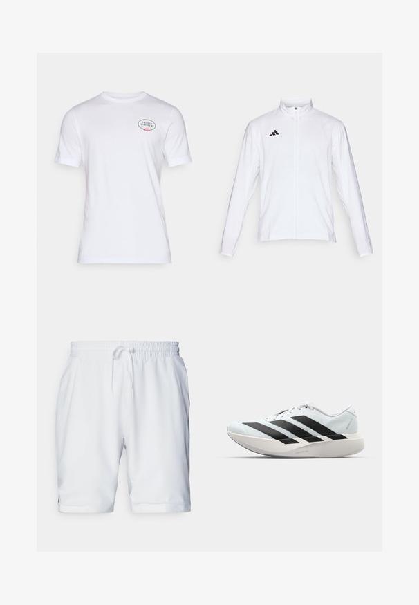 Bílá sportovní bunda s dlouhými rukávy, vysokým límcem a zipem po celé délce. Na horní levé straně je umístěno logo se třemi černými pruhy.; Bílý bavlněný tričko s krátkými rukávy, kulatým výstřihem a logem s květinovými akcenty na levé části hrudi.; Bílé sportovní šortky s elastickým pasem a nastavitelnou tkaničkou. Hladká tkanina s jemnou strukturou, obsahující boční kapsy.; Lehké běžecké boty v světle modré barvě s černými pruhy. Mají hladký svršek, kulatou špičku a silnou bílou mezipodešev označenou "LIGHTSTRIKE PRO."