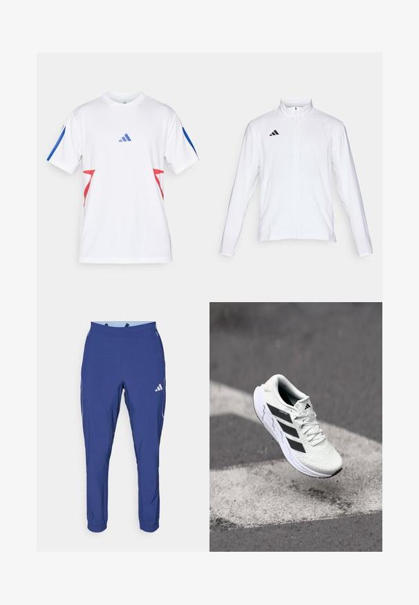 Casaco atlético branco com mangas longas, gola alta e fecho de correr completo. Apresenta o logo preto de três riscas no lado superior esquerdo.; Camisa atlética branca feita de malha leve, com detalhes azuis nas mangas e desenhos triangulares vermelhos nas laterais. Logótipo da Adidas exibido.; adidas Performance TECH APP - Calças de fato de treino - dark blue/glow blue; Shoe atlético branco com parte superior em malha texturizada, riscas pretas, fecho de atacadores e sola almofadada, a flutuar acima de uma superfície de estrada marcada.