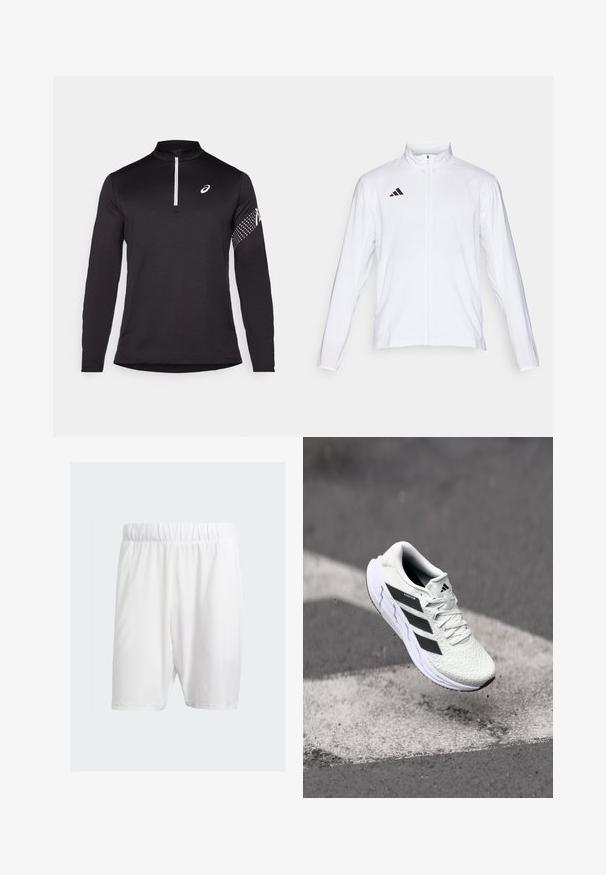 Veste de sport blanche à manches longues, col haut et fermeture éclair sur toute la longueur. Présente un logo noir à trois bandes sur le côté supérieur gauche.; Haut noir à manches longues avec un col zippé mi-haut, en tissu texturé, et un logo blanc contrastant sur la poitrine ainsi qu'un motif à pois sur la manche.; Shorts de sport blancs en tissu léger, dotés d'une taille élastique, d'une texture lisse et d'une coupe mi-genoux.; Baskets de sport blanches avec un dessus en mesh texturé, des rayures noires, un laçage et une semelle rembourrée, lévitant au-dessus d'une surface de route marquée.