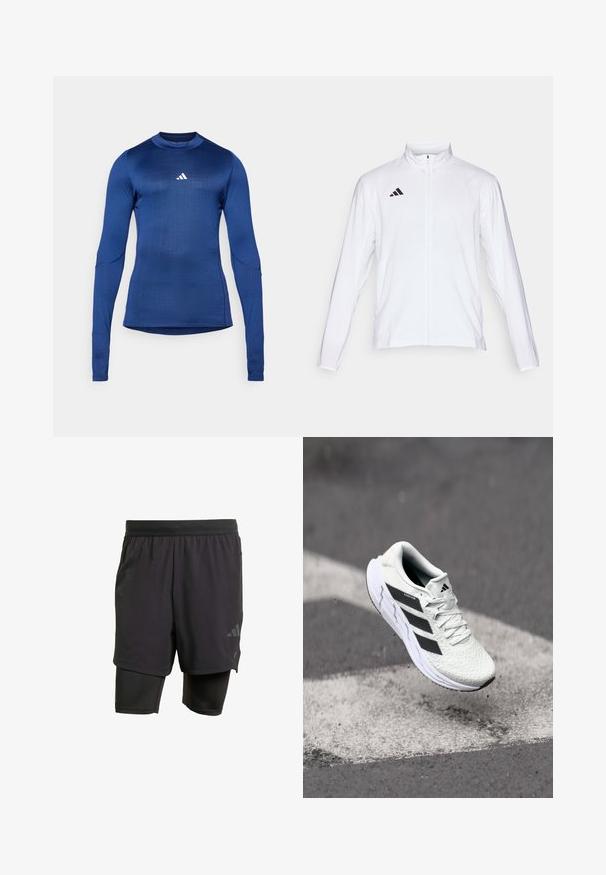 Biela atletická bunda s dlhými rukávmi, vysokým golierom a plným zipsom. Na hornej ľavej strane sa nachádza čierne logo s troma pruhmi.; Dlhý rukáv atletického trička v tmavomodrej farbe, vyrobené z materiálu odvádzajúceho vlhkosť. Má okrúhly výstrih a malé biele logo na hrudi.; Čierne športové šortky s integrovanou vnútornou vrstvou, vyrobené z priedušného materiálu. Disponujú nenápadným logom a štruktúrovanou textúrou. Nastaviteľný pás.; Biele športové tenisky s textúrovaným sieťovaným zvrškom, čiernymi pruhmi, šnurovaním a polstrovanou podrážkou, levitujúce nad označeným povrchom cesty.