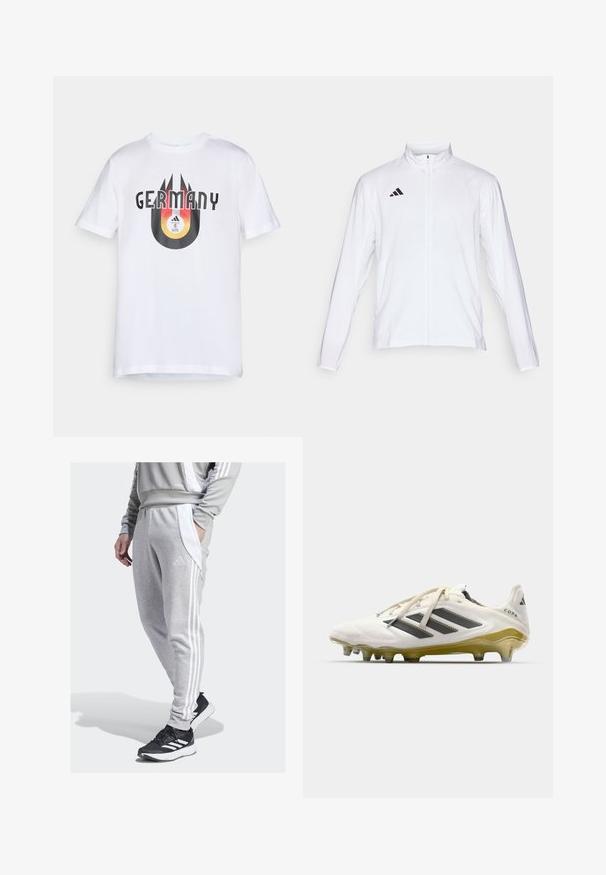 Veste de sport blanche à manches longues, col haut et fermeture éclair sur toute la longueur. Présente un logo noir à trois bandes sur le côté supérieur gauche.; T-shirt en coton blanc avec un graphisme noir et orange et le texte "ALLEMAGNE" accompagné d'un design circulaire avec un ballon de football et des rayures.; Pantalon de survêtement gris avec des rayures blanches sur les côtés et un logo Adidas, fabriqué en matériau doux. Associé à des chaussures de sport noires.; Crampon de football blanc avec des accents noirs, présentant un design texturé, un système de laçage, une semelle jaune et plusieurs crampons pour une meilleure traction.