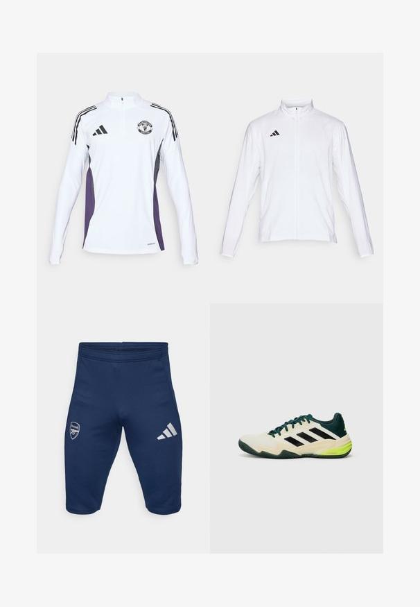 Hvid atletisk jakke med lange ærmer, høj krave og fuld lynlås. Har et sort tre-stripes logo på den øverste venstre side.; Hvid langærmet træningstrøje med halv lynlås, sorte striber, lilla sidepaneler og et Manchester United-logo på brystet.; Marineblå atletik shorts lavet af strækbart stof, med et Arsenal-logo på venstre ben og tre hvide Adidas-striber på højre ben.; Tennis sko med en cremefarvet overdel, sorte striber, grønne detaljer og en struktureret gummisål for greb. Fremstillet af syntetiske materialer.