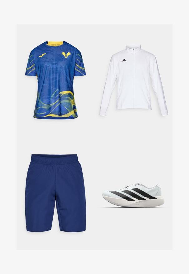 Fehér sportdzseki hosszú ujjal, magas gallérral és teljes hosszúságú cipzárral. A bal felső oldalon fekete háromcsíkos logó található.; Kék sportmez, amely sárga és zöld hullám mintázattal rendelkezik. Könnyű anyagból készült, környakú és rövid ujjú.; Sötétkék sportnadrág, texturált anyagból készült, rugalmas derékkal és egy kis logóval az oldalon.; Világoskék, fekete csíkos könnyű futószerek. Simább felső résszel, kerek orral és vastag fehér középtalppal, amelyen a "LIGHTSTRIKE PRO" felirat olvasható.
