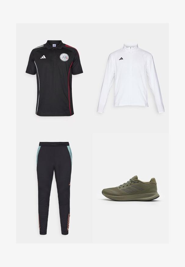 Balta sportinė striukė ilgomis rankovėmis, aukštu kaklu ir pilnu užtrauktuku. Viršutiniame kairiajame kampe yra juodas trijų juostelių logotipas.; Juoda polo marškinėliai su baltais ir raudonais šonų dryžiais, balta Adidas logotipu ir apvaliu emblema. Pagaminti iš lygaus audinio, turi apykaklę ir tris mygtukus.; Juodi sportiniai kelnės su prigludusia siluetu, su šviesiai mėlynomis šoninėmis juostomis ir koralų spalvos juostelėmis prie kelnių apačios. Pagamintos iš lygios, tamprios medžiagos.; Žalios sportinės bateliai su tekstūruota tinkline viršutine dalimi, trimis pilkomis juostelėmis šone ir paminkštintu padu. Yra raišteliai ir paminkštintas apykaklė.