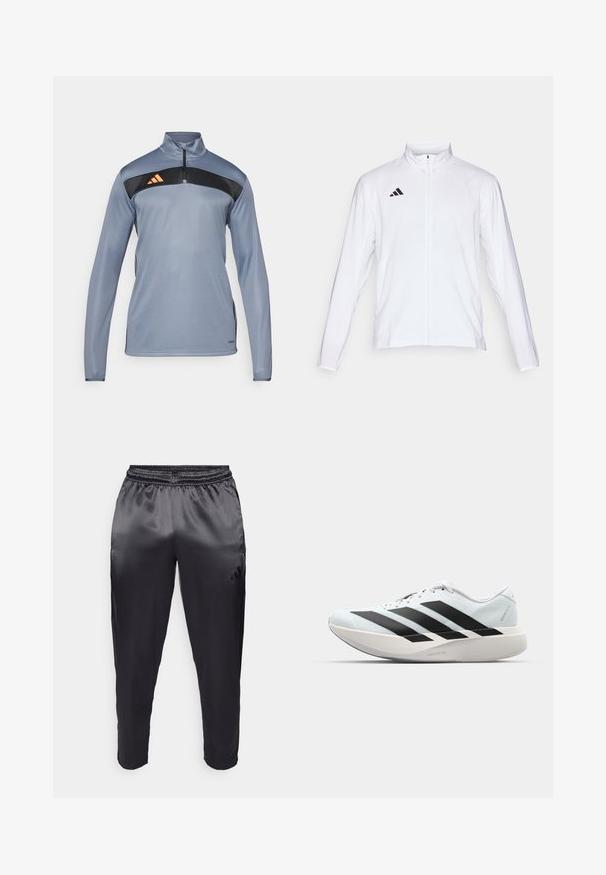 Casaco atlético branco com mangas longas, gola alta e fecho de correr completo. Apresenta o logo preto de três riscas no lado superior esquerdo.; Pullover atlético cinza com meia zip, painel preto no peito e logotipo riscado em laranja. Textura suave e mangas longas.; Calças atléticas pretas feitas de um tecido leve e suave com um cós elástico. Apresenta um pequeno logótipo no lado esquerdo e pernas ajustadas.; Tênis de corrida leves em azul pálido com riscas pretas. Apresentam um cabedal liso, bico redondo e uma entressola espessa branca rotulada como "LIGHTSTRIKE PRO."