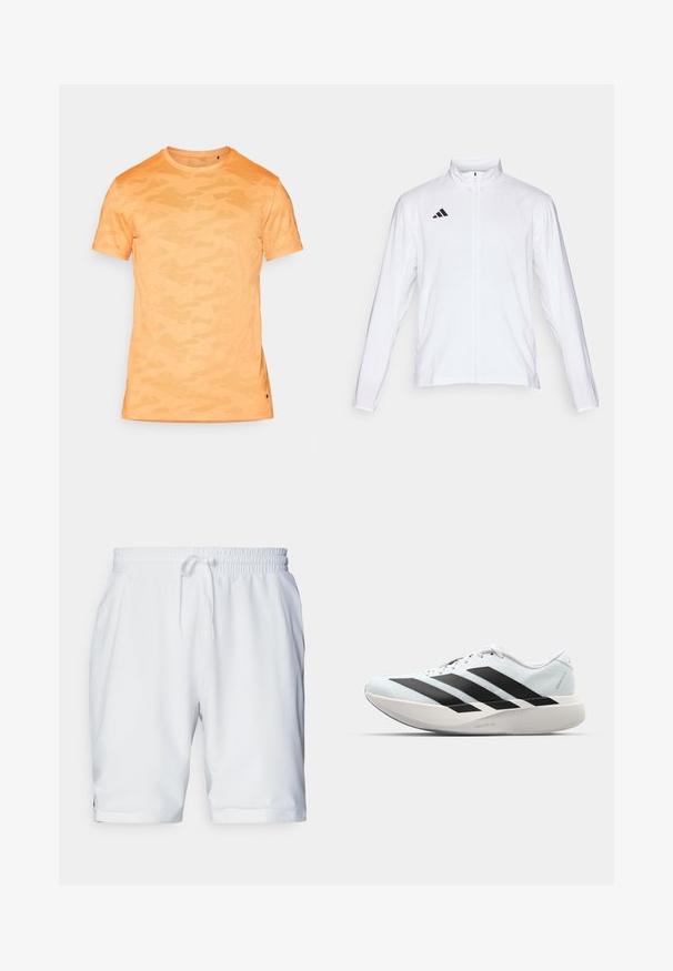 Biela atletická bunda s dlhými rukávmi, vysokým golierom a plným zipsom. Na hornej ľavej strane sa nachádza čierne logo s troma pruhmi.; Krátky rukáv tričko s oranžovým maskáčovým vzorom, okrúhlym výstrihom a jemnou textúrovanou tkaninou. Detail bočného rozparku na leme. Ľahký dizajn.; Biele športové šortky s elastickým pásom a nastaviteľnou šnúrkou. Hladká tkanina s jemnou textúrou, s bočnými vreckami.; Ľahké bežecké topánky v svetlomodrej farbe s čiernymi pruhmi. Majú hladký zvršok, okrúle špičky a hrubú bielu medzipodrážku označenú "LIGHTSTRIKE PRO."