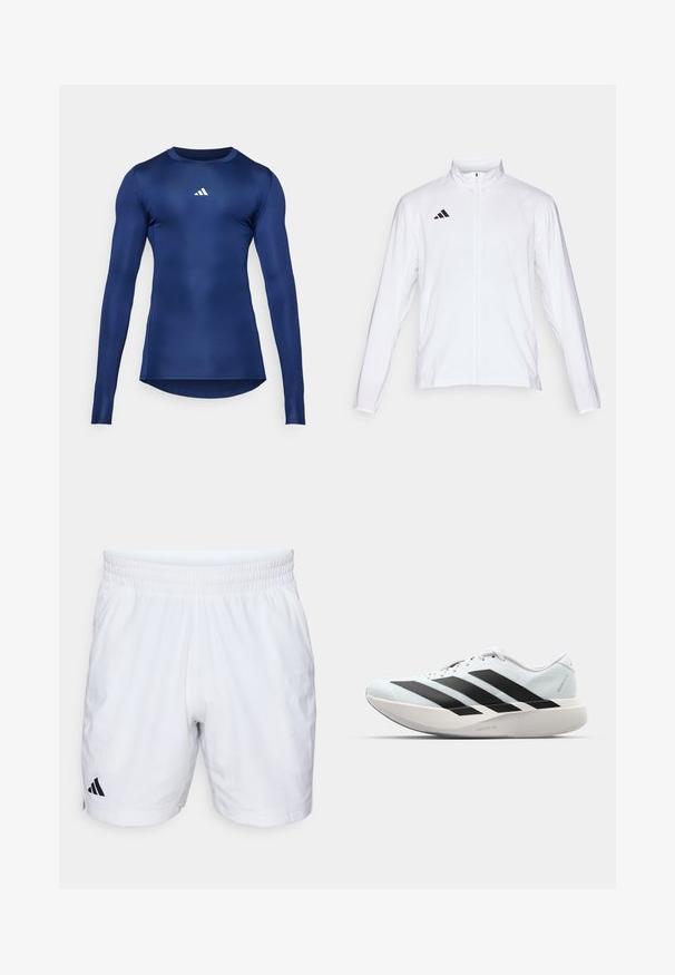 Giacca atletica bianca con maniche lunghe, colletto alto e zip lungo. Presenta il logo nero a tre strisce sul lato sinistro superiore.; Maglietta sportiva a maniche lunghe color navy; tessuto liscio e elastico; scollatura tonda; presenta un piccolo logo bianco sul petto; design aderente.; Pantaloni corti da atletica bianchi con vita elasticizzata, caratterizzati da un tessuto testurizzato e un logo Adidas nero sul lato sinistro in basso.; Scarpe da corsa leggere di colore azzurro pallido con strisce nere. Presentano una tomaia liscia, punta rotonda e un'ampia intersuola bianca etichettata "LIGHTSTRIKE PRO."