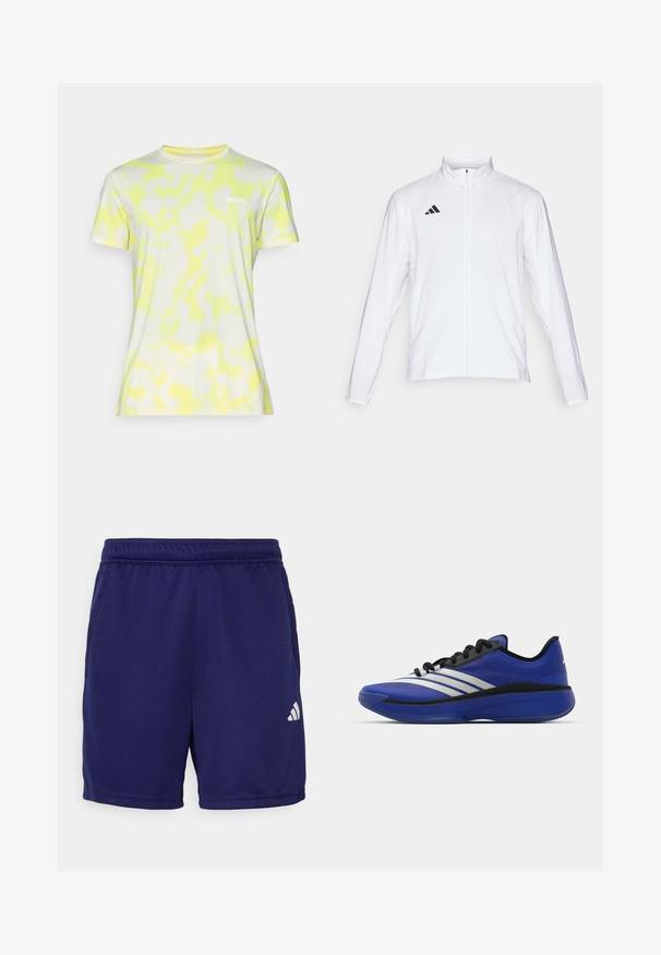 Weiße Sportjacke mit langen Ärmeln, hohem Kragen und durchgehendem Reißverschluss. Mit schwarzem Drei-Streifen-Logo auf der oberen linken Seite.; Kurzärmliges, tailliertes T-Shirt aus leichtem Stoff mit weißem Grund und gelben abstrakten Mustern sowie einem kleinen "BORG"-Logo auf der Brust.; Marineblaue Sportshorts aus leichtem Stoff, ausgestattet mit einem elastischen Bund und Seitentaschen, mit einem weißen Logo auf der unteren linken Seite.; adidas Performance ADIZERO SELECT 3.0 - Basketballschuh - lucid blue/core black/metallic