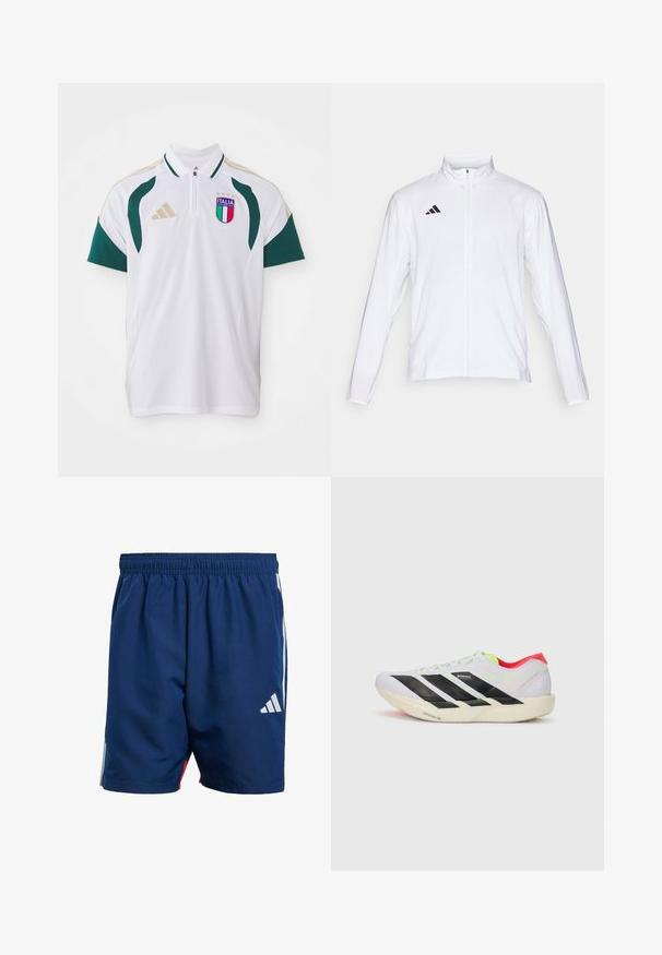 Bílá sportovní bunda s dlouhými rukávy, vysokým límcem a zipem po celé délce. Na horní levé straně je umístěno logo se třemi černými pruhy.; Bílá polokošile s zelenými akcenty, krátké rukávy a zipovým výstřihem. Obsahuje logo "ITALIA" a tři hvězdy nad ním. Logo adidas na rameni.; Námořnické modré sportovní šortky s elastickým pasem, bočními bílými pruhy a malým bílým logem na dolní levé noze. Lehký materiál.; Bílé běžecké boty s černými pruhy, neonově zelenými akcenty a červenou patou. Mají lehký design a texturovanou podrážku pro lepší přilnavost.