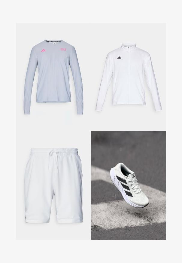 Jachetă sport albă cu mâneci lungi, guler înalt și fermoar pe toată lungimea. Prezintă un logo cu trei dungi negre în partea superioară stângă.; adidas Performance BER25 OTR LS TEE - Bluză cu mânecă lungă - halo silver-coloured; Shorts sportive albe cu talie elastică și șnur ajustabil. Țesătură netedă cu o textură subtilă, având buzunare laterale.; Adidași albi cu partea superioară din plasă texturată, dungi negre, închidere cu șireturi și talpă căptușită, levitând deasupra unei suprafețe de drum marcate.