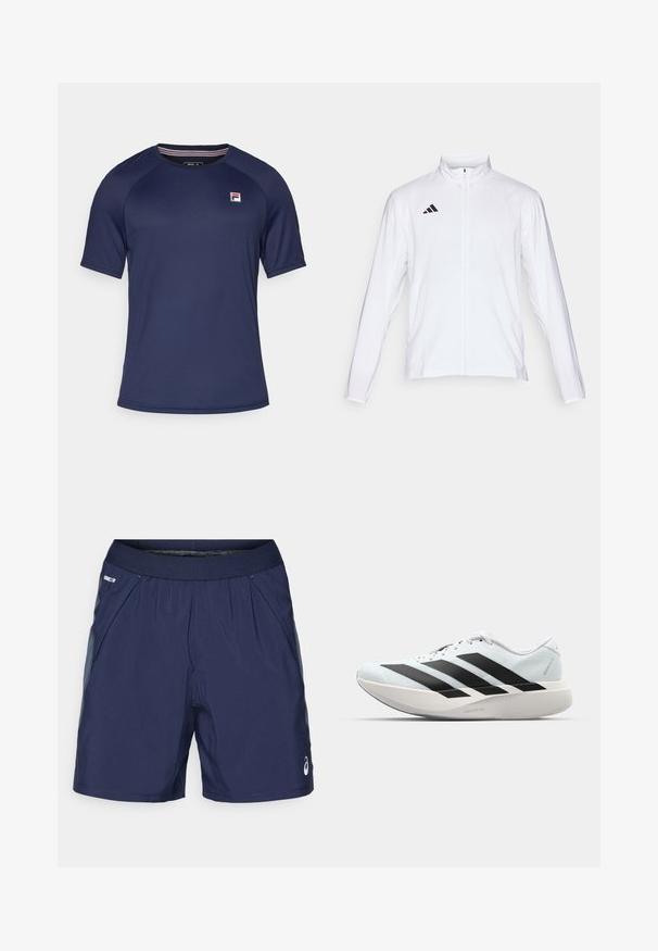 Fehér sportdzseki hosszú ujjal, magas gallérral és teljes hosszúságú cipzárral. A bal felső oldalon fekete háromcsíkos logó található.; Sötétkék, rövid ujjú póló sima anyagból, kerek nyakkivágással és egy kis piros, fehér és kék logóval a mellkasán.; Tengerészkék sportnadrág, rugalmas derekkal, oldalsó zsebekkel és világosszürke részletekkel. Könnyű, sima anyagból készült a kényelem érdekében.; Világoskék, fekete csíkos könnyű futószerek. Simább felső résszel, kerek orral és vastag fehér középtalppal, amelyen a "LIGHTSTRIKE PRO" felirat olvasható.