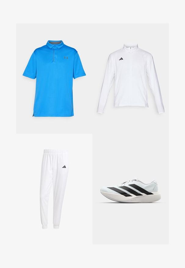 Bijela sportska jakna dugih rukava, s visokim ovratnikom i punim patentnim zatvaračem. Ima crni logo s tri pruge na gornjoj lijevoj strani.; Plava polo majica od teksturiranog materijala, s ovratnikom, kratkim rukavima i suptilnim logotipom na prsima. Bočni prorezi za lakše kretanje.; Bijele atletske hlače od glatkog materijala, sa elastičnom vrpcom u struku i pripijenim manžetama, sa crnim logom na stražnjem džepu.; Lagane tenisice za trčanje u svijetloplavoj boji s crnim trakama. Imaju glatku gornju površinu, okrugli vrh i debeli bijeli srednji sloj označen "LIGHTSTRIKE PRO."