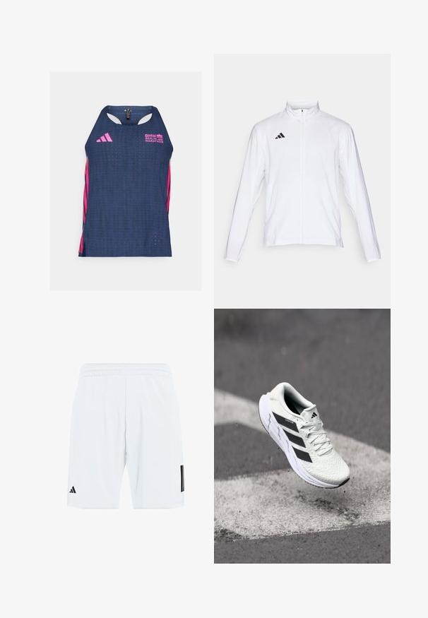 Veste de sport blanche à manches longues, col haut et fermeture éclair sur toute la longueur. Présente un logo noir à trois bandes sur le côté supérieur gauche.; adidas Performance BER25 SINGLET - Débardeur - collegiate navy; Shorts de sport blancs avec une ceinture élastique, ornés de trois bandes noires sur les côtés et d'un logo noir sur la partie inférieure de la jambe gauche.; Baskets de sport blanches avec un dessus en mesh texturé, des rayures noires, un laçage et une semelle rembourrée, lévitant au-dessus d'une surface de route marquée.