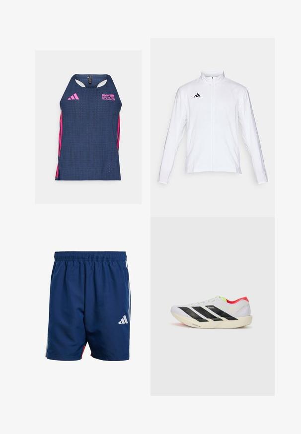 Witte sportjack met lange mouwen, hoge kraag en volledige ritssluiting. Kenmerkt zich door het zwarte drie-streepjeslogo aan de bovenkant aan de linkerkant.; adidas Performance BER25 SINGLET - Top - collegiate navy; Marineblauwe sportshorts met een elastische tailleband, zijstrepen in het wit en een klein wit logo op de linkerpijp. Lichtgewicht materiaal.; Witte hardloopschoen met zwarte strepen, neon groene accenten en een rode hak. Beschikt over een lichtgewicht ontwerp en een gestructureerde zool voor grip.