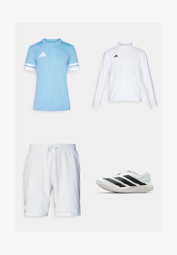 Chaqueta atlética blanca con mangas largas, cuello alto y cremallera completa. Presenta el logotipo de tres franjas en negro en la parte superior izquierda.; Camiseta atlética de color azul claro con acentos blancos, con mangas cortas y tres rayas blancas en los hombros. Fabricada con material transpirable.; Pantalones cortos deportivos blancos con cintura elástica y cordón ajustable. Tejido suave con una sutil textura, que cuenta con bolsillos laterales.; Zapatillas de running ligeras en azul pálido con rayas negras. Presentan una parte superior suave, puntera redonda y una gruesa mediasuela blanca etiquetada como "LIGHTSTRIKE PRO".