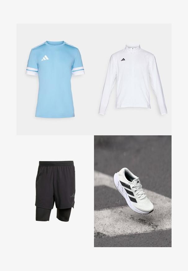 Hvit sportsjakke med lange ermer, høy krage og hel glidelås. Har svart tre-stripes logo på øvre venstre side.; Lyseblå treningsskjorte med hvite detaljer, med korte ermer og tre hvite striper på skuldrene. Laget av pustende materiale.; Svarte sportshorts med integrert indre lag, laget av pustende stoff. Har subtilt logo og strukturert tekstur. Justerbar midje.; Hvit sportsko med teksturert mesh-overdel, svarte striper, snøring og en polstret såle, svevende over en markert veidoverflate.