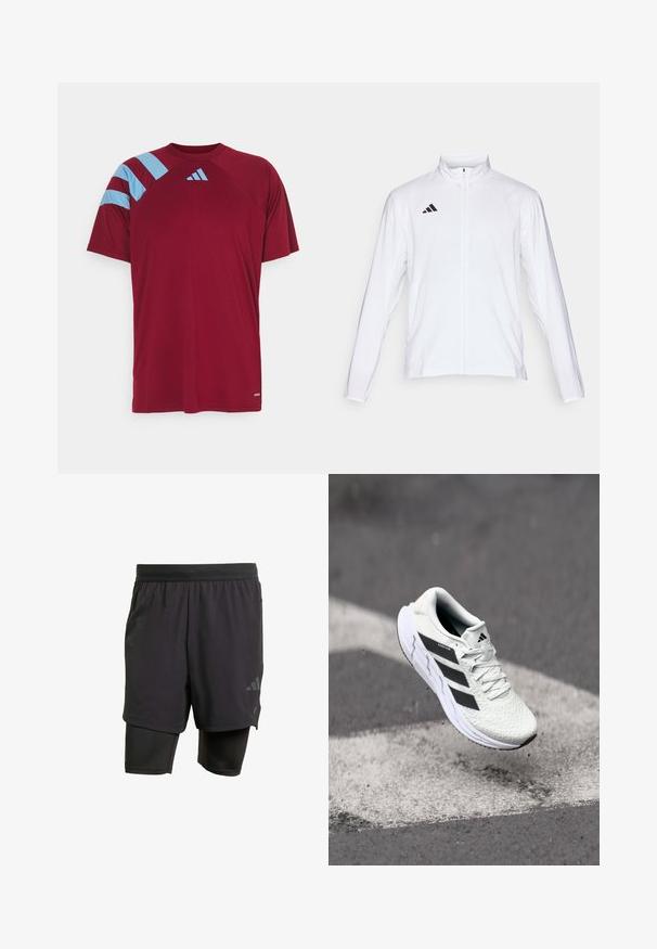 Bela atletska jakna z dolgimi rokavi, visokim ovratnikom in popolnim zadrgo. Ima črn logotip s tremi črtami na zgornji levi strani.; Rdeča atletska majica s kratkimi rokavi, ki ima modre črte na levem ramu in majhen bel logotip na prsih. Gladka tekstura.; Črne atletske hlače s integriranim notranjim slojem, narejene iz zračnega materiala. Imajo subtilen logotip in strukturirano teksturo. Prilagodljiv pas.; Bela atletska čevlja z teksturiranim mrežastim zgornjim delom, črnimi črtami, zavezovanjem na vezalke in oblazinjenim podplatom, lebdi nad označeno cesto.