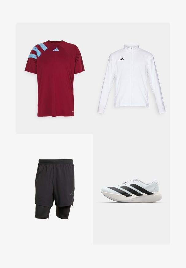 Balta sporta jaka ar garām piedurknēm, augstu apkakli un pilna garuma rāvējslēdzēju. Uz augšējās kreisās puses ir melna trīslīniju logo.; Sarkans sporta krekls ar īsām piedurknēm, ar zilām svītrām uz kreisā pleca un nelielu baltu logo uz krūšu. Gluda tekstūra.; Melni sporta šorti ar iebūvētu iekšējo slāni, izgatavoti no elpojoša auduma. Iekļautas diskrētas logotipa detalizācijas un strukturēta tekstūra. Regulējama jostasvieta.; Gaiši zili vieglie skriešanas apavi ar melniem svītrainiem. Iezīmēti ar gludu augšpusi, apaļu purngalu un biezāko balto vidējo zoli, kurā ir uzraksts "LIGHTSTRIKE PRO."