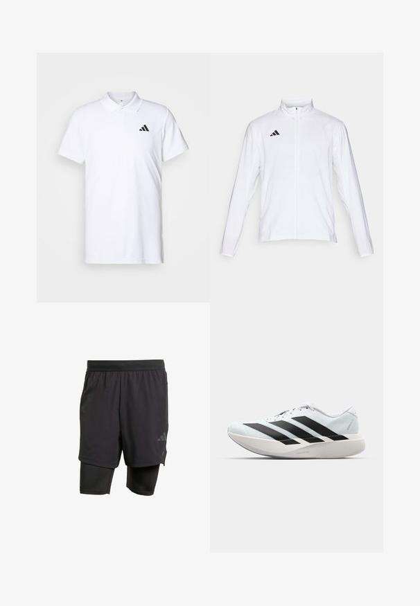 Vit sportjacka med långa ärmar, hög krage och hel dragkedja. Har en svart logotyp med tre ränder på övre vänstra sidan.; Vit pikétröja i bomull, med krage och korta ärmar. Svart Adidas-logotyp placerad på vänster bröst. Slät textur.; Svarta atletiska shorts med integrerat innerlager, tillverkade av ventilerande tyg. Har en subtil logotyp och strukturerad textur. Justerbart midjeband.; Lätta löparskor i ljusblått med svarta ränder. Har en slät ovandel, rund tå och tjock vit mellansula märkt "LIGHTSTRIKE PRO."