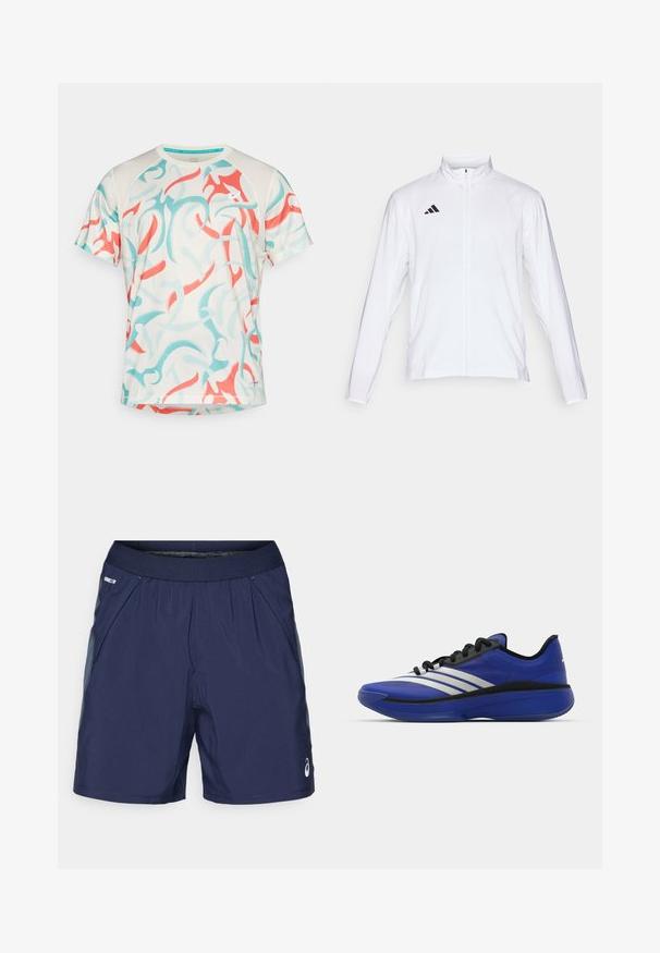 Vit sportjacka med långa ärmar, hög krage och hel dragkedja. Har en svart logotyp med tre ränder på övre vänstra sidan.; Kortärmad träningsskjorta i ljuskräm med ett abstrakt virvlemönster i teal och korall. Tillverkad av andningsbart tyg med rund hals.; Marineblå träningsshorts med elastisk midja, sidofickor och ljusgrå detaljer. Tillverkade av lätt, mjukt tyg för komfort.; adidas Performance ADIZERO SELECT 3.0 - Basketsko - lucid blue/core black/metallic