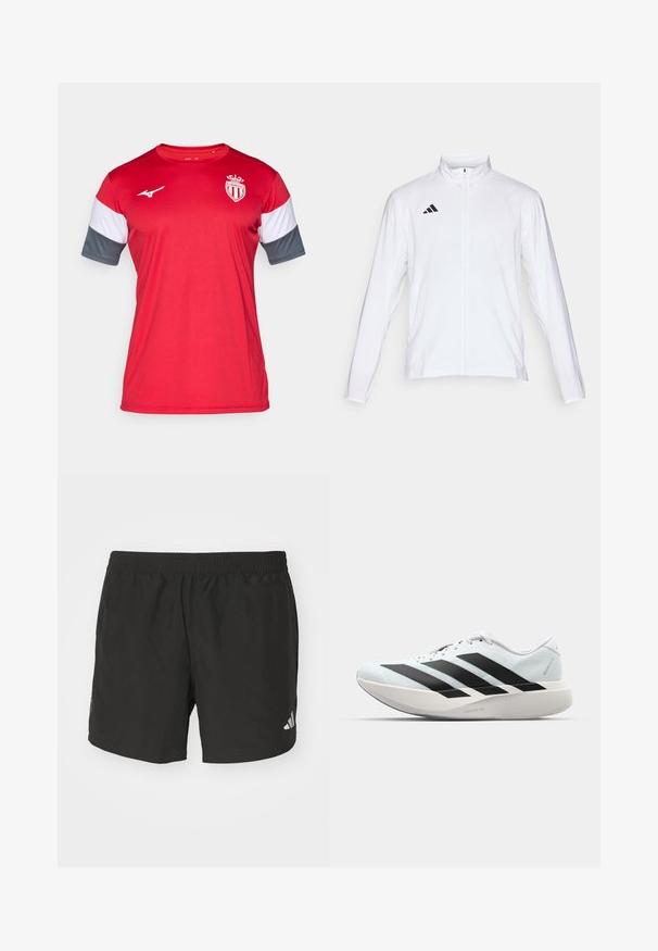 Bijela sportska jakna dugih rukava, s visokim ovratnikom i punim patentnim zatvaračem. Ima crni logo s tri pruge na gornjoj lijevoj strani.; Crvena atletska majica kratkih rukava, sivi i bijeli detalji. Napravljena od lagane tkanine, s logom na prsi i okruglim izrezom.; Crne atletske kratke hlače s elastičnim pojasom, bočnim prorezima i reflektirajućim logotipovima. Izrađene od lagane, glatke tkanine.; Lagane tenisice za trčanje u svijetloplavoj boji s crnim trakama. Imaju glatku gornju površinu, okrugli vrh i debeli bijeli srednji sloj označen "LIGHTSTRIKE PRO."