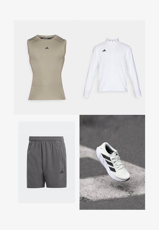 Bela atletska jakna z dolgimi rokavi, visokim ovratnikom in popolnim zadrgo. Ima črn logotip s tremi črtami na zgornji levi strani.; Manga brez rok, prilegajoč top za šport v svetlo bež tkanini. Ima ravne šive, zaobljen izrez in črn logotip na prsih.; Sive športne hlače z elastičnim pasom, stranskimi žepi na zadrgo in črnim logotipom. Lahkega, gladkega materiala in do kolen.; Bela atletska čevlja z teksturiranim mrežastim zgornjim delom, črnimi črtami, zavezovanjem na vezalke in oblazinjenim podplatom, lebdi nad označeno cesto.
