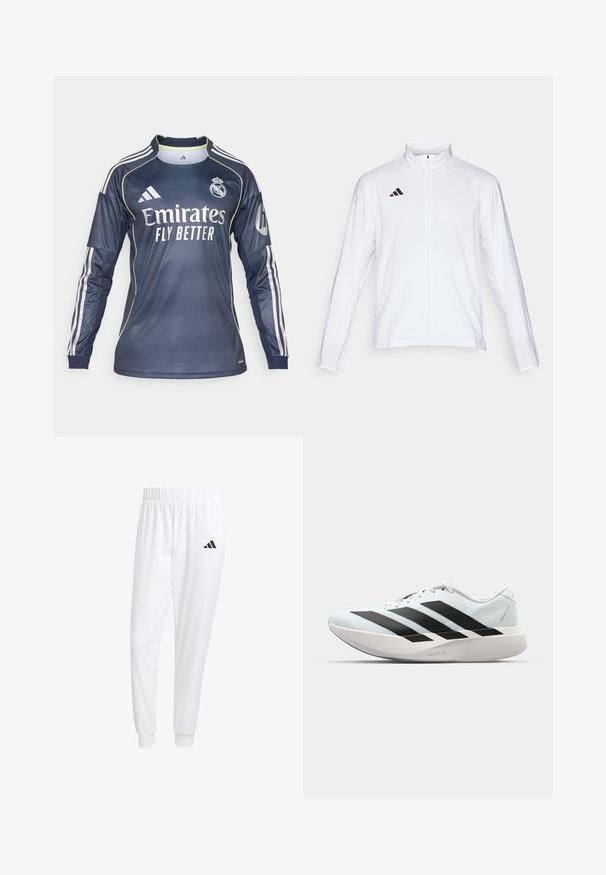 Valge sportlik jakk pikkade varrukatega, kõrge krae ja täispikk lukuga. Omab musta kolme triibu logo vasakul ülal.; Kübara jakk tumesinisena, valgete aktsentidega ja ribakujulise tekstuuriga. Ees on "Emirates Fly Better" logo, varrukatel kolm triipu.; Valged sportpüksid, mis on valmistatud siledast kangast, omavad elastset vöökohta ja kitsaid mansette, tagakoti peal on must logo.; Kerged jooksujalatsid helesinises värvuses mustade triipudega. Omavad siledat pealispinda, ümarat varvase osa ja paksu valget vahemõõtu, millel on silt "LIGHTSTRIKE PRO".