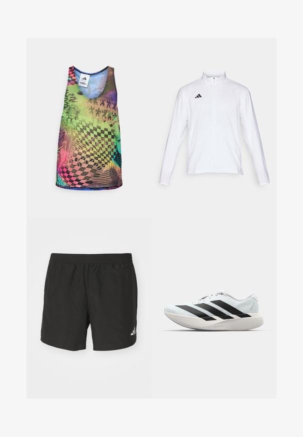 White athletic jacket with long sleeves, high collar, and full-length zipper. Features black three-stripe logo on the upper left side.; Multicolored tank top featuring vibrant geometric patterns, including checkerboards and swirls, in shades of green, pink, blue, and purple.; Black athletic shorts with an elastic waistband, side slits, and reflective logo accents. Made of lightweight, smooth fabric.; Lightweight running shoes in pale blue with black stripes. Features a smooth upper, round toe, and thick white midsole labeled "LIGHTSTRIKE PRO."