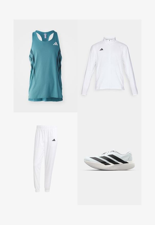 Bílá sportovní bunda s dlouhými rukávy, vysokým límcem a zipem po celé délce. Na horní levé straně je umístěno logo se třemi černými pruhy.; Světle tyrkysový sportovní tílko s texturovaným síťovaným vzorem, s černými diagonálními pruhy a bílým logem v horním levém rohu.; Bílé sportovní kalhoty vyrobené z hladkého materiálu, s elastickým pasem a přiléhavými manžetami, s černým logem na zadní kapse.; Lehké běžecké boty v světle modré barvě s černými pruhy. Mají hladký svršek, kulatou špičku a silnou bílou mezipodešev označenou "LIGHTSTRIKE PRO."